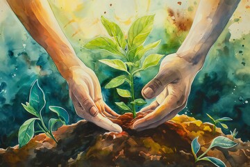 Hands planting a young plant, the concept of ecology, symbolize protection and care for the environment. Earth Day Illustration