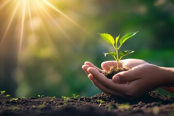 Hands holding a young sprout of a tree for planting, the concept of ecology, symbolize protection and care for the environment. Earth Day Illustration