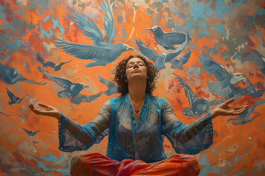 woman meditating with a background of painted doves on the wall