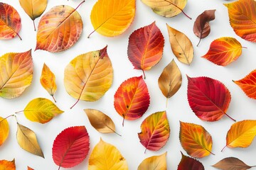 Colorful autumn leaves scattered on white background, overhead view, flat lay