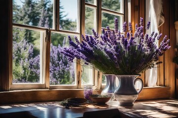a picture of a lavender vase on a sun-drenched windowsill in a cottage