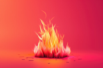 A fire is burning on a red background. The fire is small and has a lot of orange and yellow flames. The fire is surrounded by ash and debris. Concept of danger and destruction