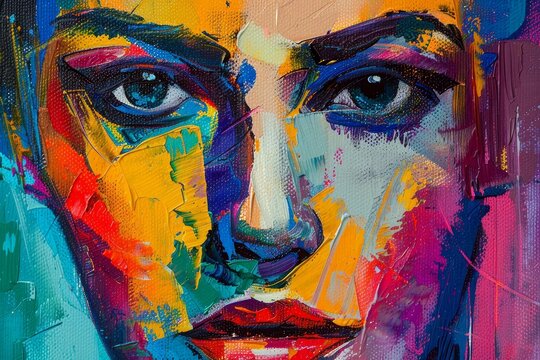 Colorful abstract woman face, expressive oil painting portrait on canvas