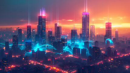 Fototapeta premium Futuristic city - psychic waves style
