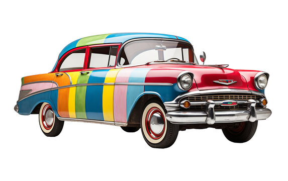 An old car transformed with vibrant multi-colored stripes, creating a whimsical and eye-catching piece of art
