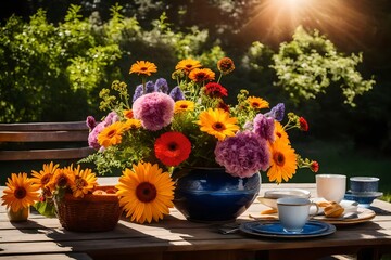 scenario featuring a bright outside picnic table with a bunch of mixed flowers in a porcelain vase.