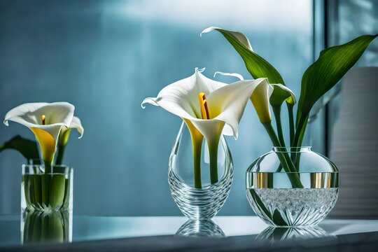 a perspective image of a calla lily resting in a crystal-clear vase on a mirror 