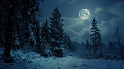 Mystic Full Moon Night over Tranquil Snow-Covered Forest - Powered by Adobe