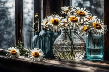 An enlargement of a glass vase filled with daisies resting on a worn wooden windowsill