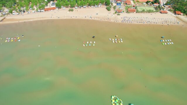 Aerial panorama of the popular Rajska plaza beach on Rab Island, Croatia.