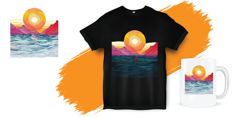 Mountain sunset Black t-shirt colorful design vector illustration line art