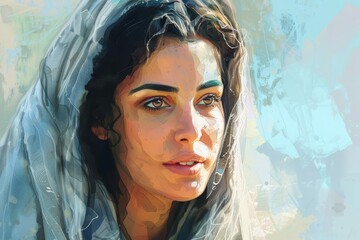 Close-up portrait of a biblical woman with a shawl looking at the camera, spiritual faith and devotion concept illustration