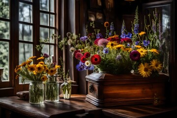 An intricate look at a crystal vase filled with a variety of wildflowers resting on an old wooden chest in a comfortable nook 