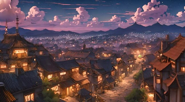 oriental village view at night, anime cartoon