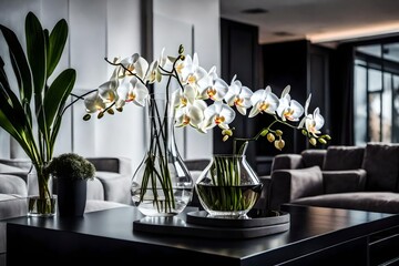 A sleek black coffee table in a minimalist living room with a glass vase filled with white orchids