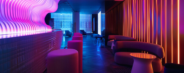 Sleek furnishings under the neon gaze the unmanned nightclub whispers tales of nights filled with energy and dance
