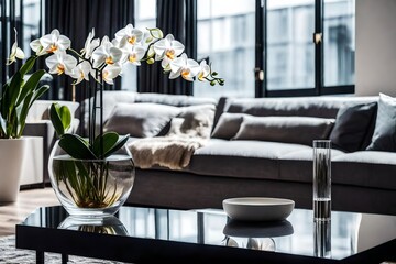 A minimalist setting with a glass vase filled with white orchids on a sleek black coffee table in a...