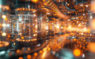 Abstract background of Glowing quantum computers assembly line.