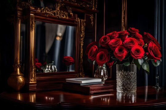 An image of a classic hardwood console table with a crystal vase filled with red flowers serving as the main attraction 