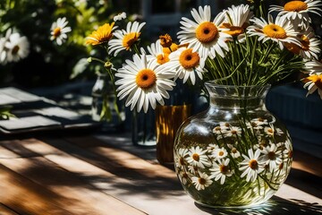 The serenity of a leisurely afternoon is captured in this close-up photo of a glass vase filled with daisies on a sunny outside patio.