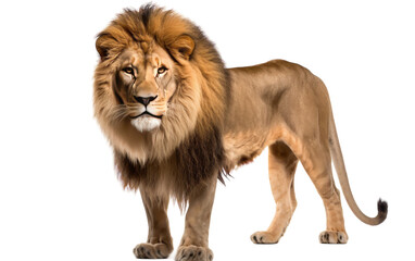 A powerful lion standing proudly on a white background, exuding strength and confidence