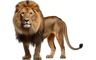 A large lion proudly standing in front of a stark white background