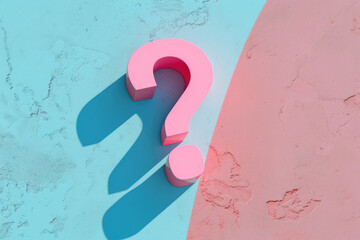 A pink and blue question mark is on a blue and pink background. The pink and blue colors create a playful and whimsical mood