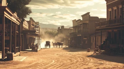 Foto auf Leinwand A captivating scene of a Western town at sunset, featuring horse-drawn carriages and vintage storefronts bathed in a dusty golden light. Resplendent. © Summit Art Creations