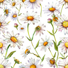 A charming floral design. daisies with sunny yellow centers create a seamless and cheerful pattern on a white background. for include textiles, fabrics, clothing, wallpaper.