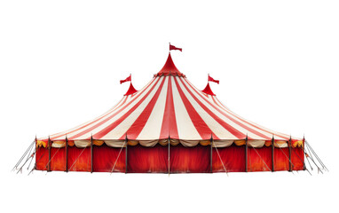 A large red and white circus tent stands boldly on a blank canvas, commanding attention