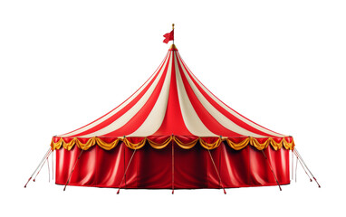 A vibrant red and white circus tent stands tall against a clean white backdrop - obrazy, fototapety, plakaty