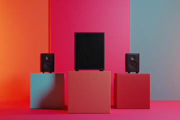 Three speakers are displayed on three different colored boxes. The speakers are black and the boxes are red and blue. The speakers are arranged in a way that they are all facing the same direction