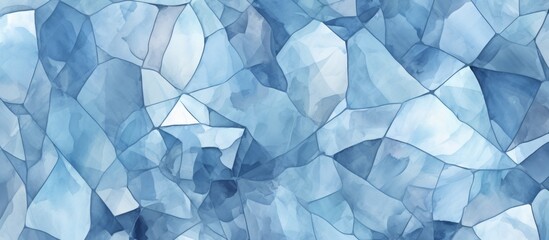 A closeup of a piece of ice resembling a stained glass window with a pattern of aqua and electric...