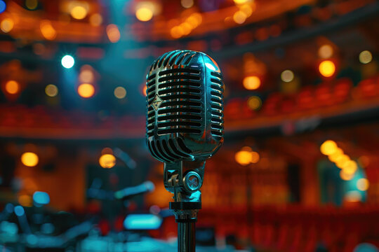 A microphone is on a stand in a dimly lit room. The microphone is silver and has a black cord. The room is filled with red chairs and a stage. Scene is mysterious and dramatic