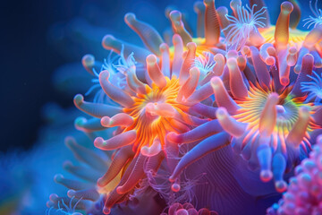 A colorful sea anemone with a blue background - obrazy, fototapety, plakaty