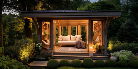  Nice wooden garden house with seating. Natural building materials for home.