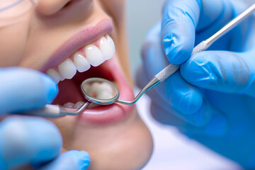Dental Health Checkup with Dentist Using Mirror and Probe on Patient's Teeth