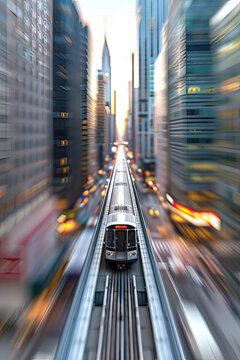 vertical image of Urban Train Racing Through the City Center on blurred Skyscrapers background