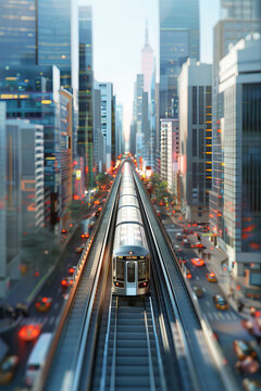 vertical image of Metropolitan metro Train approaching metropolitan city