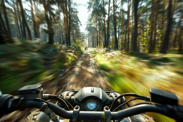 A motion-blurred image of a quad bike speeding through a forest - obrazy, fototapety, plakaty