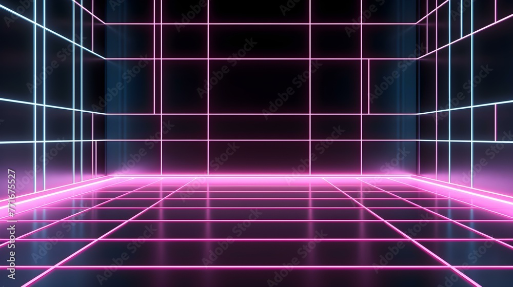 Wall mural virtual room with hot pink neon lights. futuristic backdrop for product presentation