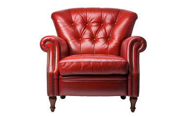 A vibrant red leather chair stands boldly against a serene white backdrop - obrazy, fototapety, plakaty