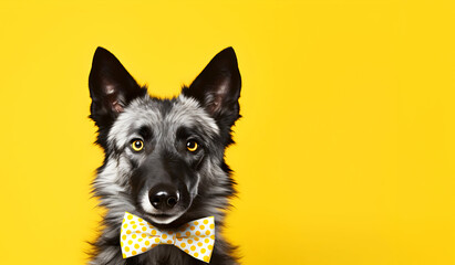 Portrait of gray wolf in yellow bow on vivid background, banner with lot of copy negative sapce, greeting card or invitation template