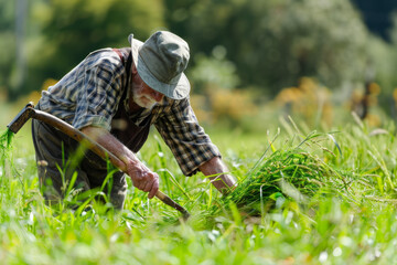 Fototapeta premium An elderly man using a scythe to mow down grass