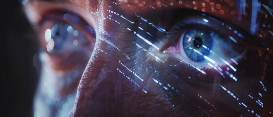 Analyze Eyes scanning through rapid streams of code on a transparent computer screen seeking patterns - obrazy, fototapety, plakaty