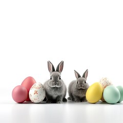 Fototapeta na wymiar Two rabbits and colored Easter eggs