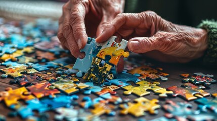 Elderly hands assembling jigsaw puzzle on a table. Cognitive exercises and memory maintenance concept - obrazy, fototapety, plakaty