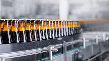 Mass Product of Beer Bottles, Rows of glass production alcohol on industrial conveyor belt