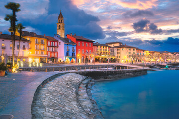 Promenade of Ascona on Lake Maggiore or Lago Maggiore in the evening, Ascona, Canton of Ticino,...
