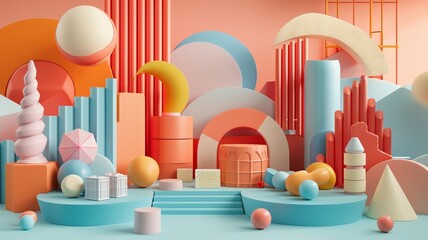 Design clay style of A trendy composition with basic shapes and bold colors , no contrast, clean sharp focus